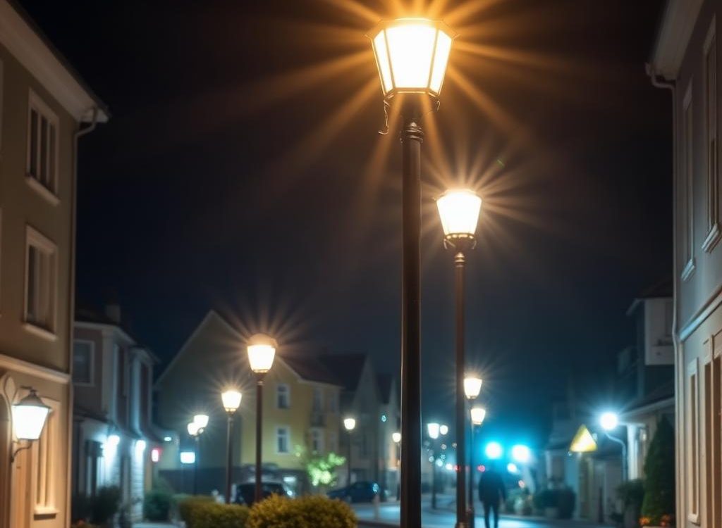 Éclairage public résidentiel au crépuscule dans une rue de centre-bourg