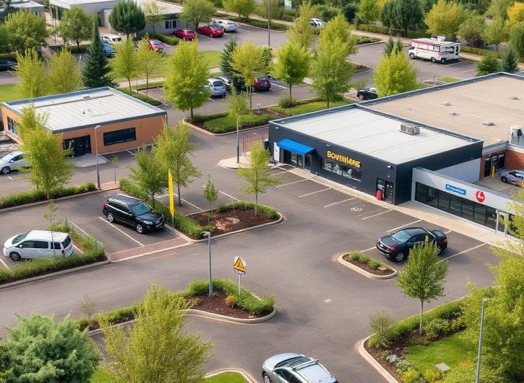 Vue aérienne d'une zone commerciale avec parking paysager et espaces verts