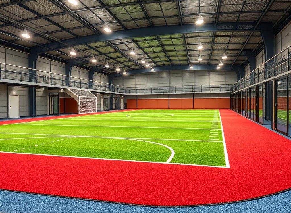 Terrain de sport couvert avec gazon synthétique et éclairage