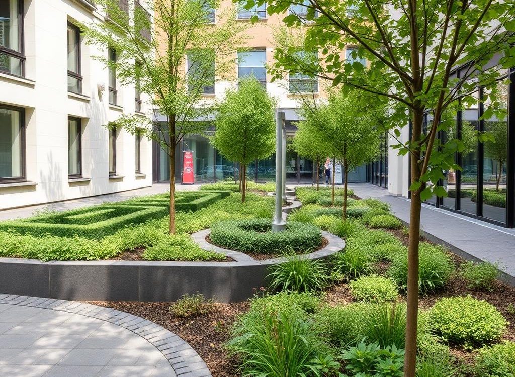 Végétalisation d'une résidence par AQUI Ingénierie - aménagement paysager d'espaces verts et de jardins en cœur d'îlot